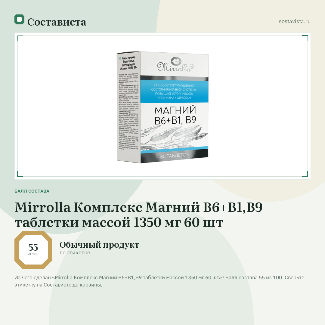 Mirrolla Комплекс Магний B6+B1,B9 таблетки массой 1350 мг 60 шт: балл состава 55 из 100 — Состависта