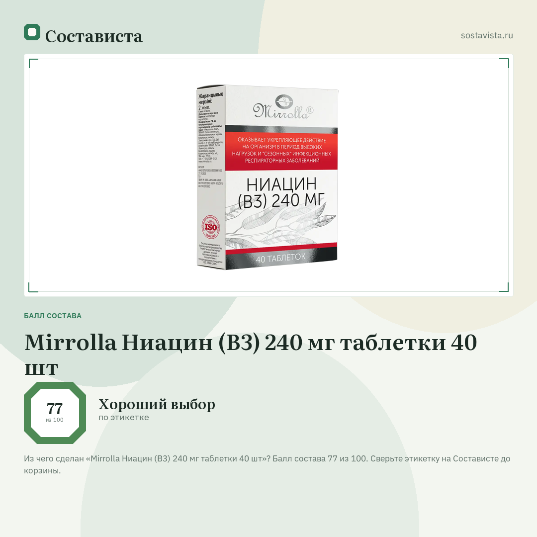 Mirrolla Ниацин (В3) 240 мг таблетки 40 шт: балл состава 77 из 100 — Состависта