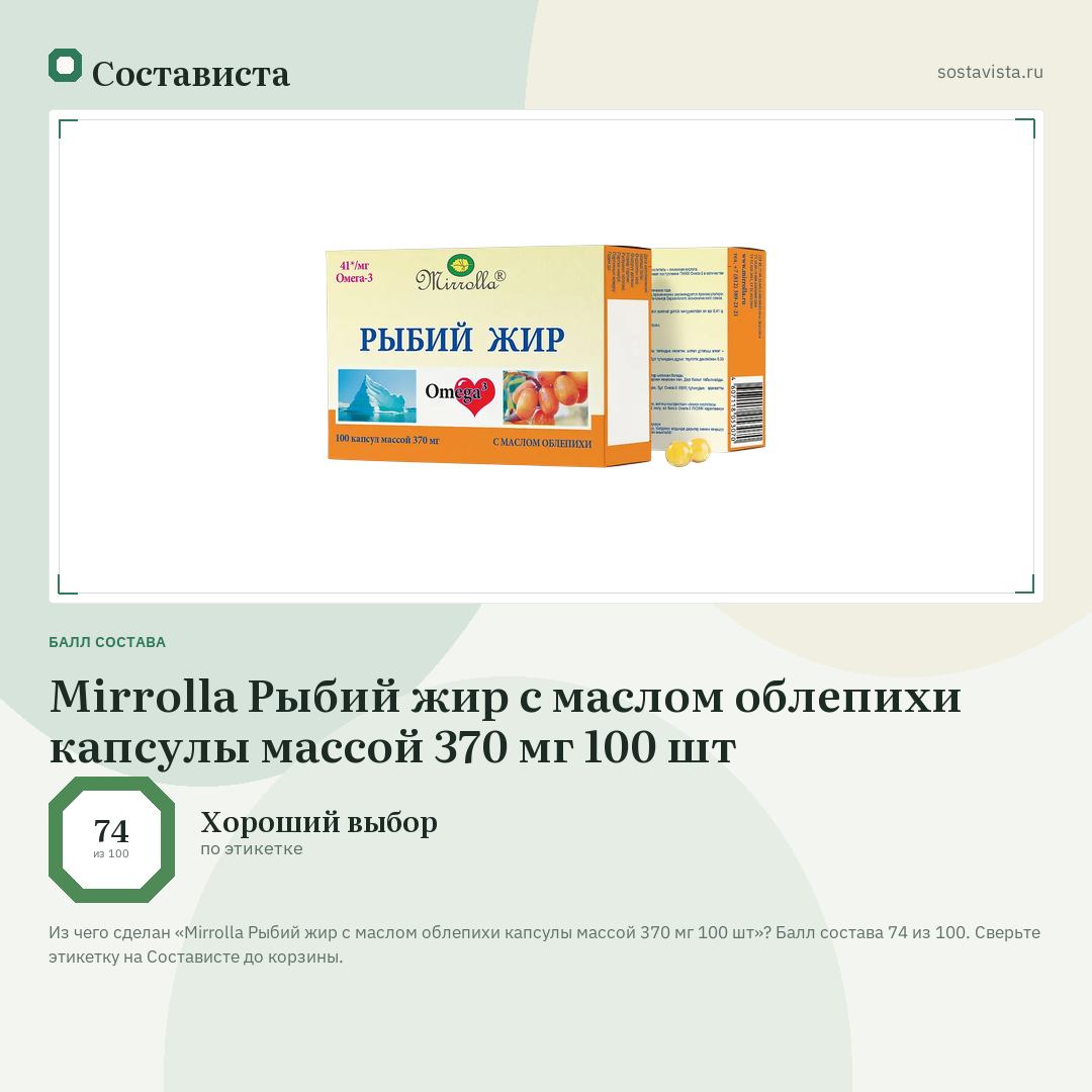 Mirrolla Рыбий жир с маслом облепихи капсулы массой 370 мг 100 шт: балл состава 74 из 100 — Состависта