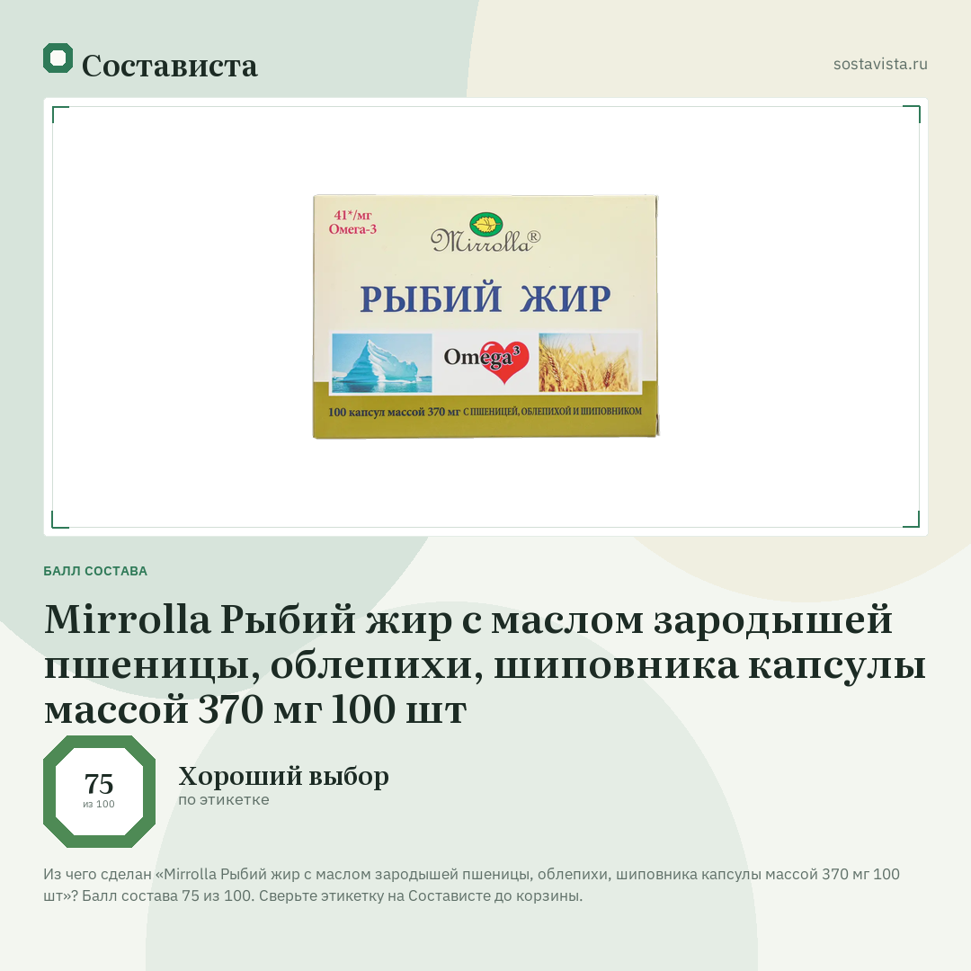 Mirrolla Рыбий жир с маслом зародышей пшеницы, облепихи, шиповника капсулы массой 370 мг 100 шт: балл состава 75 из 100 — Состависта