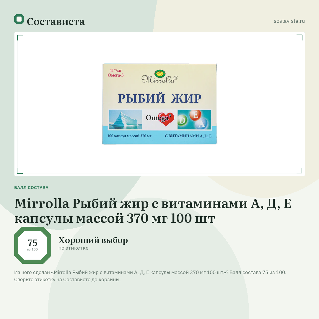 Mirrolla Рыбий жир с витаминами А, Д, Е капсулы массой 370 мг 100 шт: балл состава 75 из 100 — Состависта
