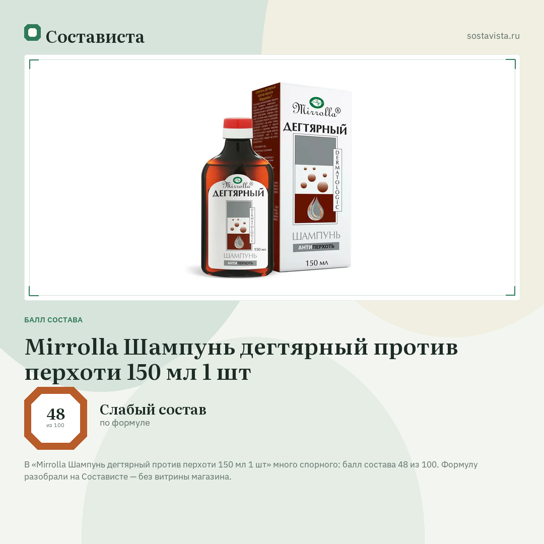 Mirrolla Шампунь дегтярный против перхоти 150 мл 1 шт: балл состава 48 из 100 — Состависта