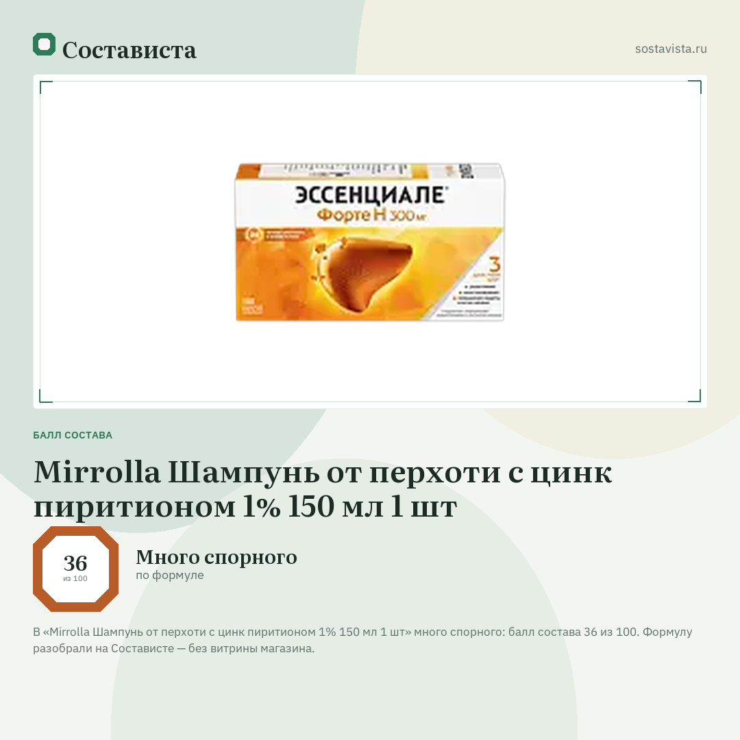 Mirrolla Шампунь от перхоти с цинк пиритионом 1% 150 мл 1 шт: балл состава 36 из 100 — Состависта