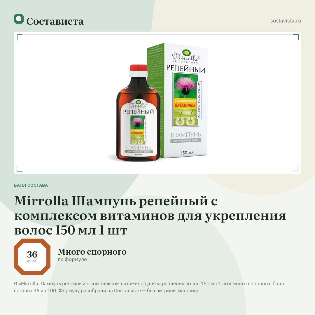 Mirrolla Шампунь репейный с комплексом витаминов для укрепления волос 150 мл 1 шт: балл состава 36 из 100 — Состависта