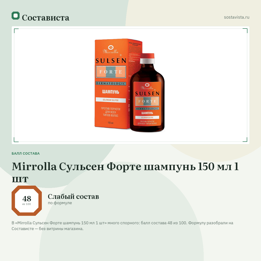 Mirrolla Сульсен Форте шампунь 150 мл 1 шт: балл состава 48 из 100 — Состависта