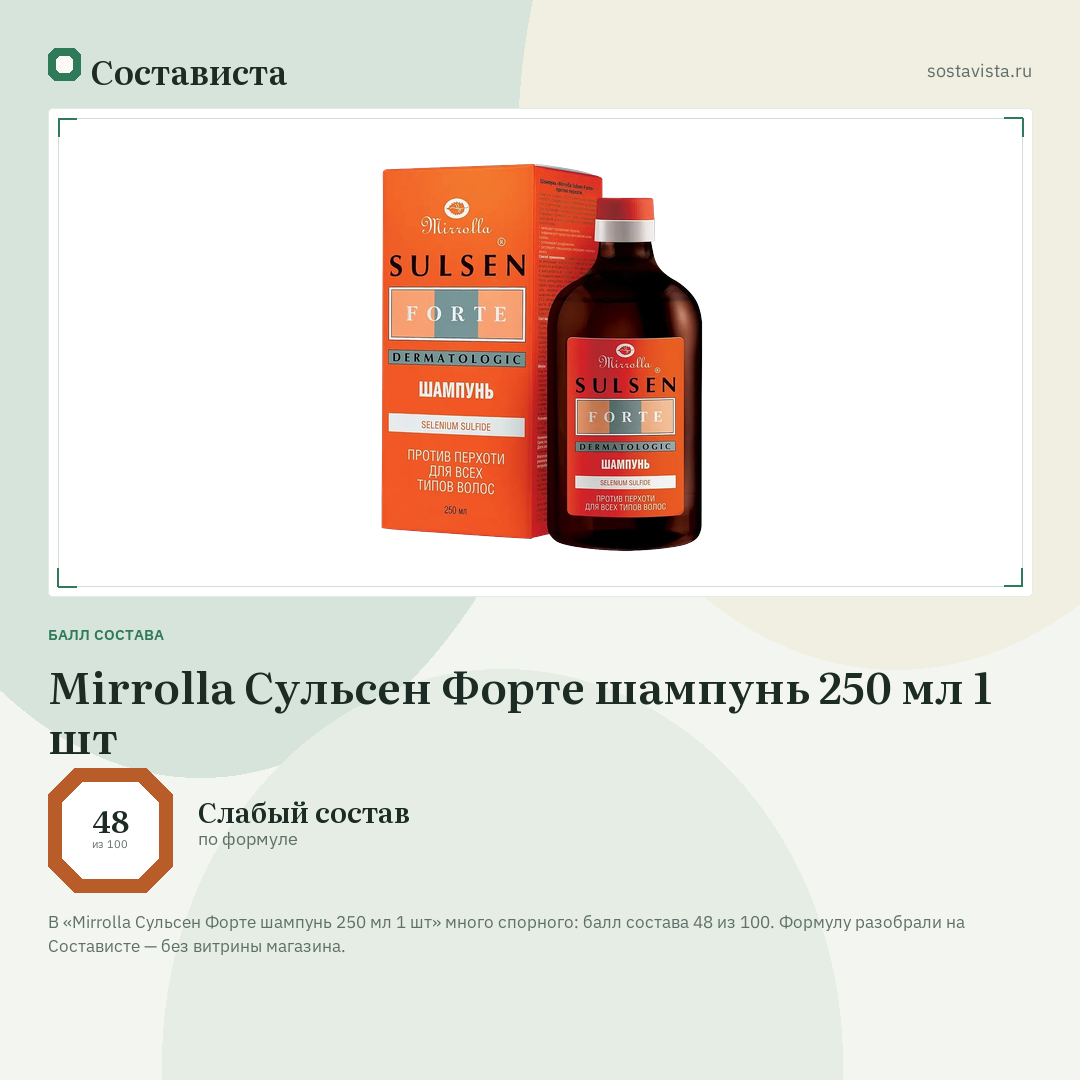 Mirrolla Сульсен Форте шампунь 250 мл 1 шт: балл состава 48 из 100 — Состависта