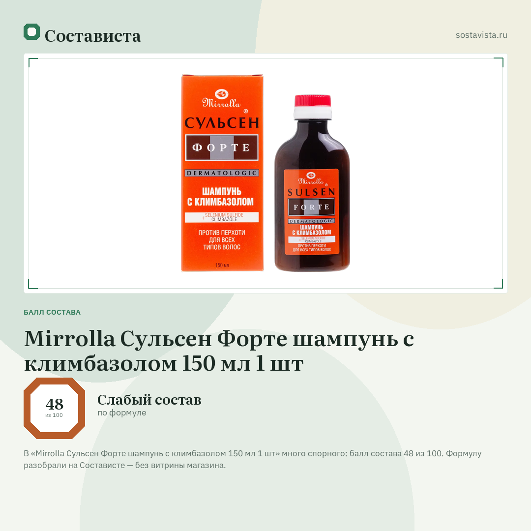 Mirrolla Сульсен Форте шампунь с климбазолом 150 мл 1 шт: балл состава 48 из 100 — Состависта