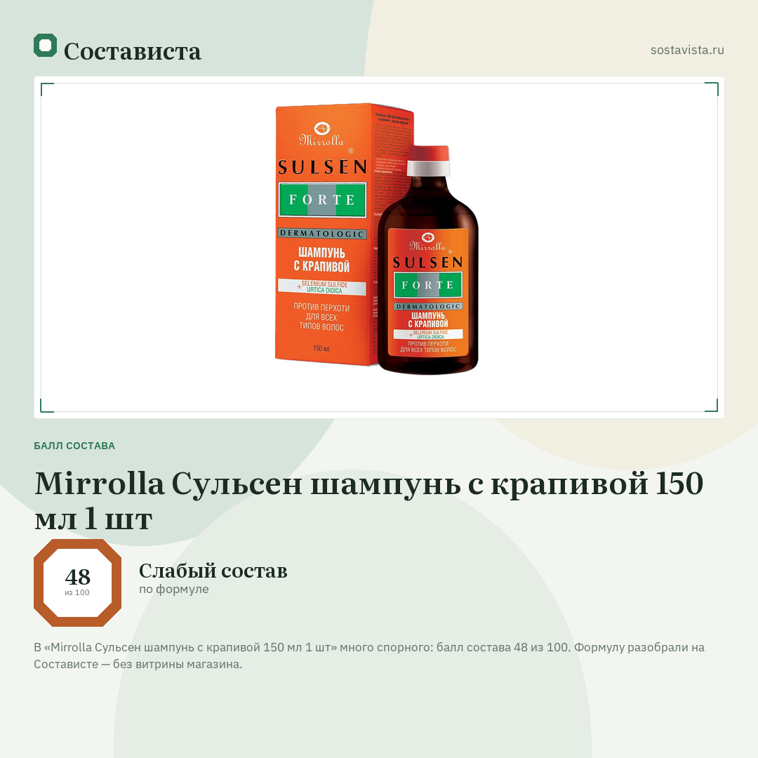 Mirrolla Сульсен шампунь с крапивой 150 мл 1 шт: балл состава 48 из 100 — Состависта