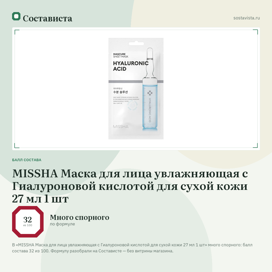 MISSHA Маска для лица увлажняющая с Гиалуроновой кислотой для сухой кожи 27 мл 1 шт: балл состава 32 из 100 — Состависта