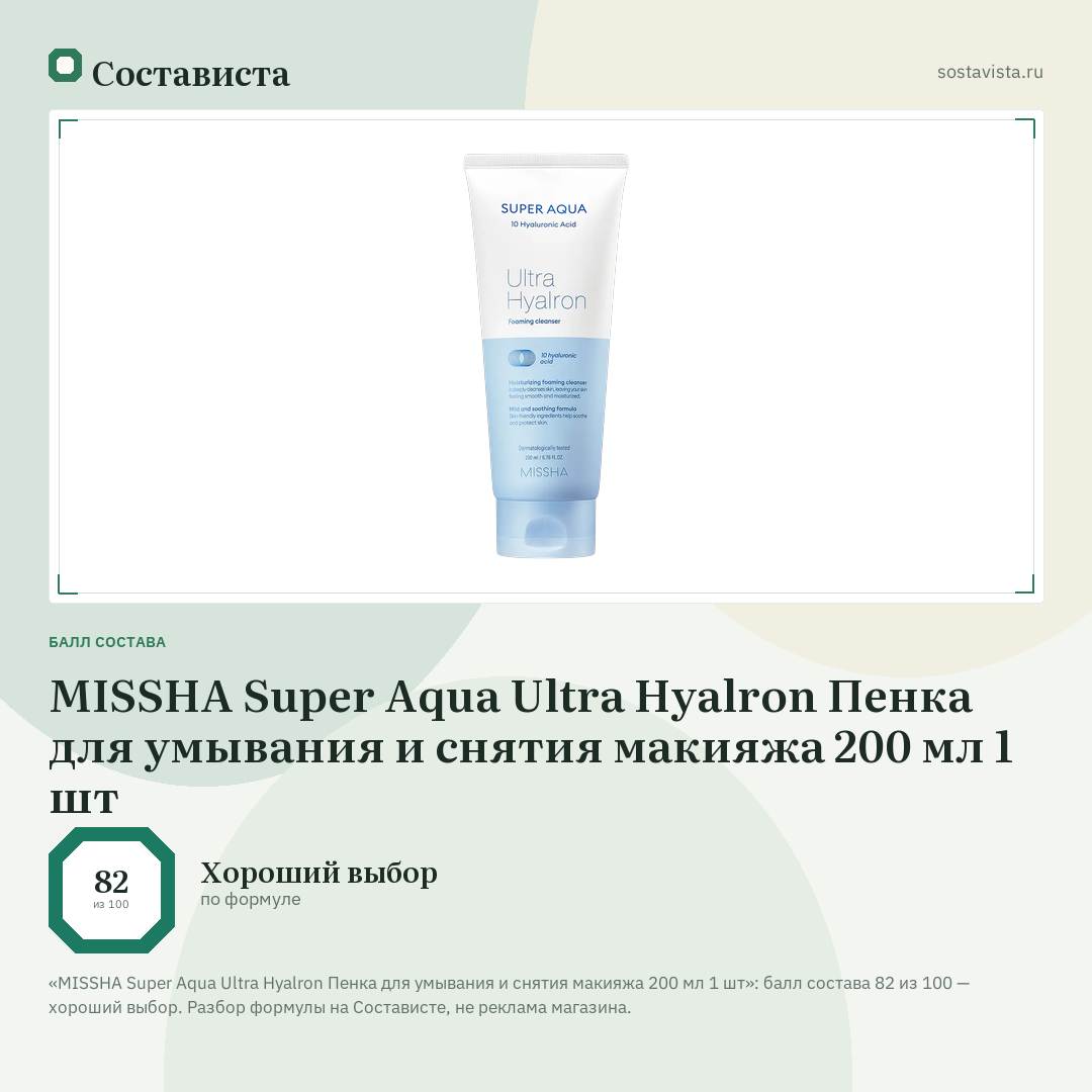 MISSHA Super Aqua Ultra Hyalron Пенка для умывания и снятия макияжа 200 мл 1 шт: балл состава 82 из 100 — Состависта