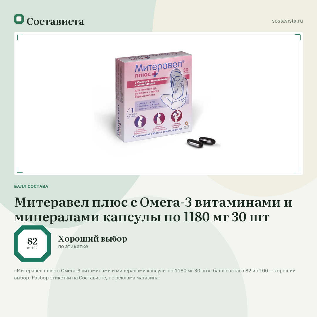 Митеравел плюс с Омега-3 витаминами и минералами капсулы по 1180 мг 30 шт: балл состава 82 из 100 — Состависта