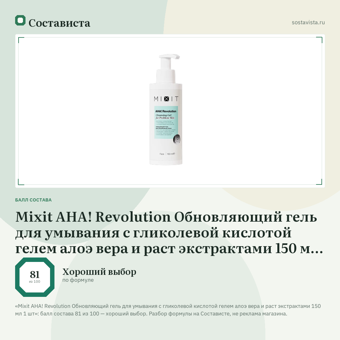 Mixit AHA! Revolution Обновляющий гель для умывания с гликолевой кислотой гелем алоэ вера и раст экстрактами 150 мл 1 шт: балл состава 81 из 100 — Состависта