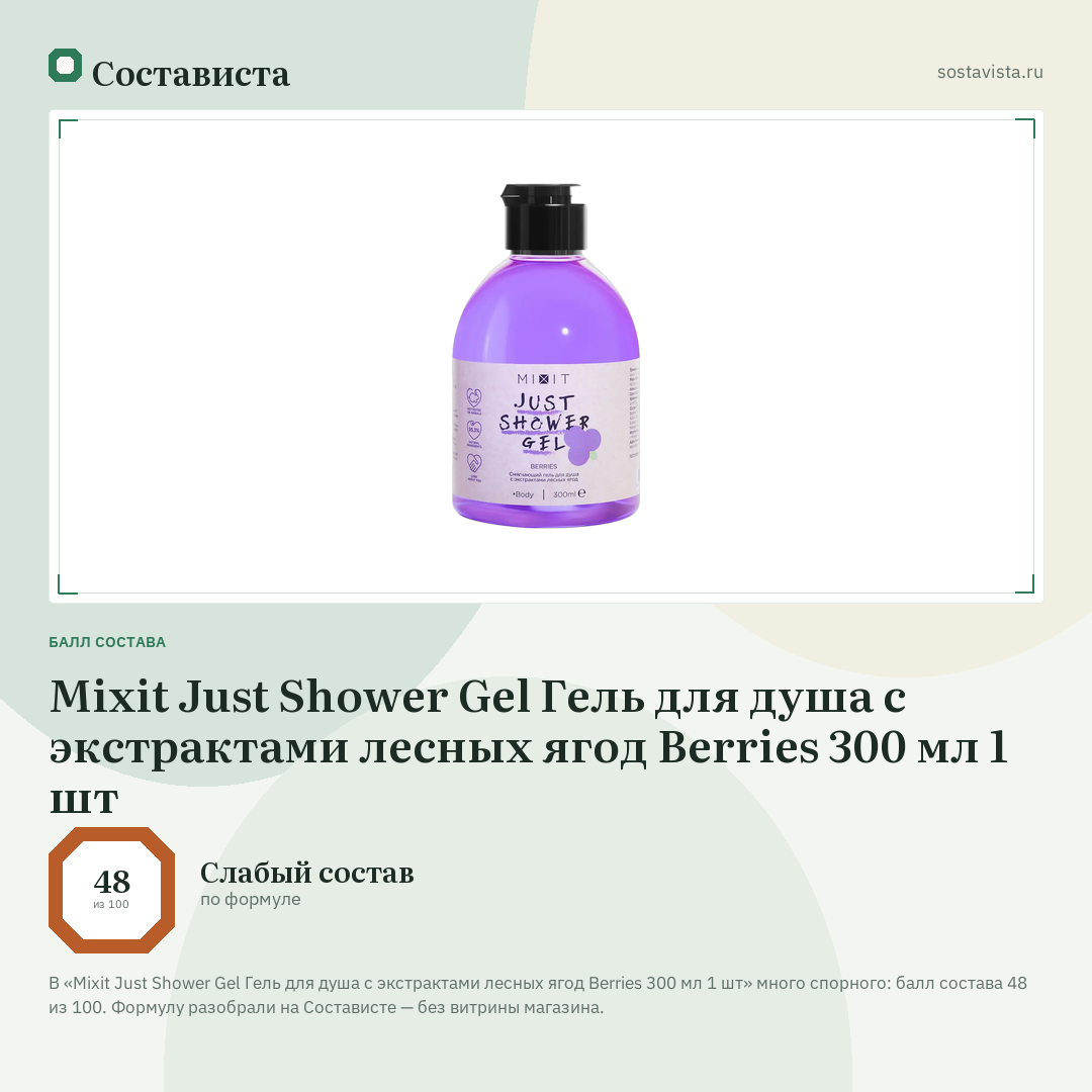 Mixit Just Shower Gel Гель для душа с экстрактами лесных ягод Berries 300 мл 1 шт: балл состава 48 из 100 — Состависта