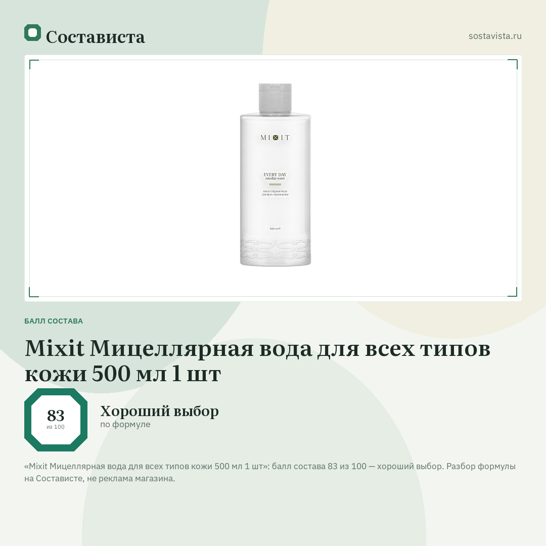 Mixit Мицеллярная вода для всех типов кожи 500 мл 1 шт: балл состава 83 из 100 — Состависта