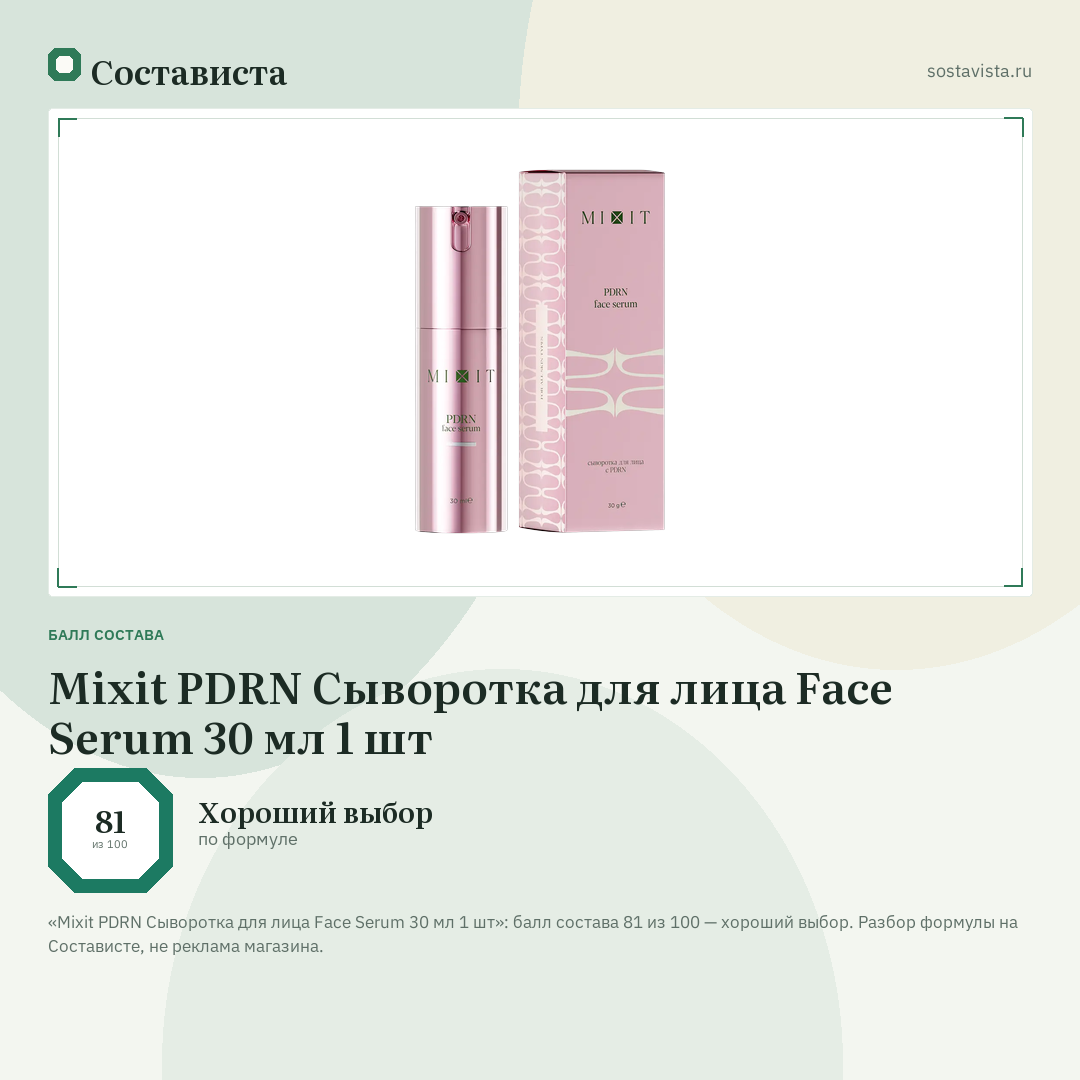 Mixit PDRN Сыворотка для лица Face Serum 30 мл 1 шт: балл состава 81 из 100 — Состависта