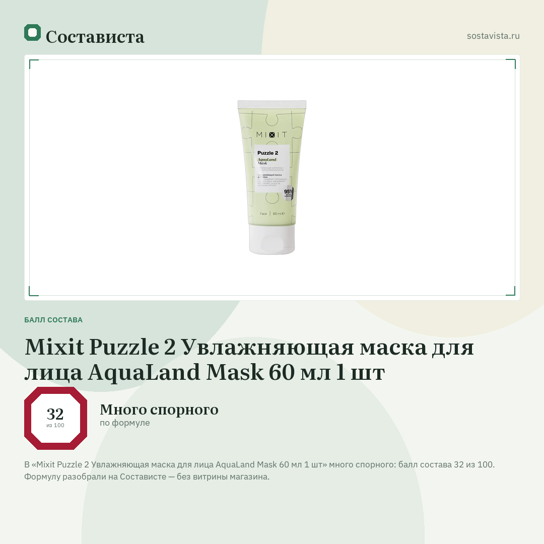 Mixit Puzzle 2 Увлажняющая маска для лица AquaLand Mask 60 мл 1 шт: балл состава 32 из 100 — Состависта