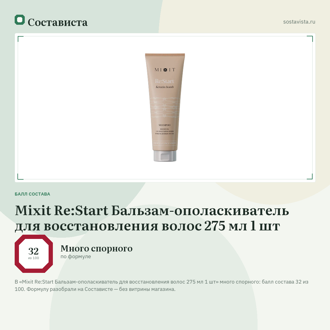Mixit Re:Start Бальзам-ополаскиватель для восстановления волос 275 мл 1 шт: балл состава 32 из 100 — Состависта