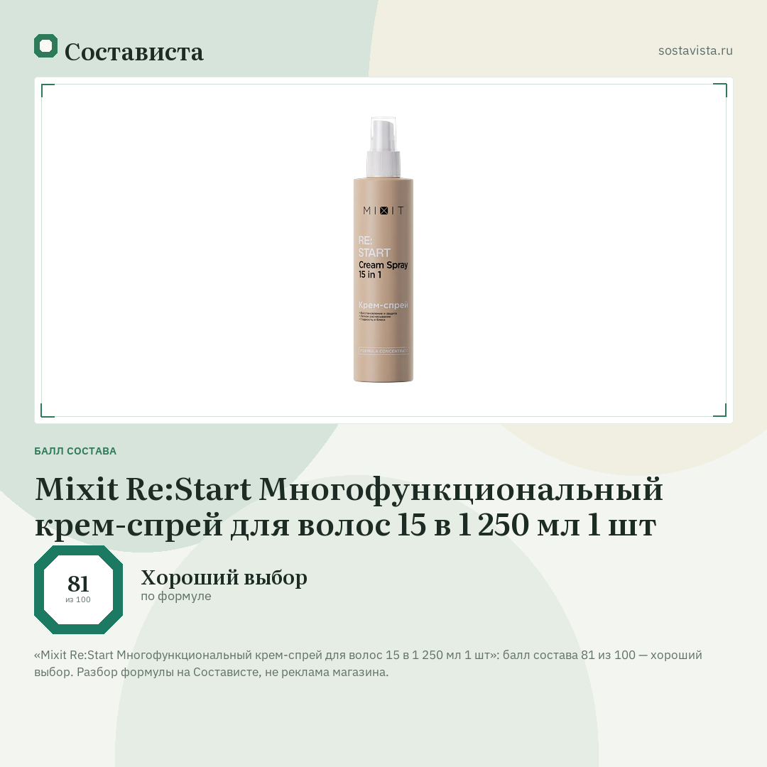 Mixit Re:Start Многофункциональный крем-спрей для волос 15 в 1 250 мл 1 шт: балл состава 81 из 100 — Состависта