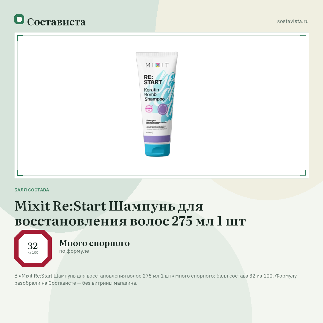 Mixit Re:Start Шампунь для восстановления волос 275 мл 1 шт: балл состава 32 из 100 — Состависта