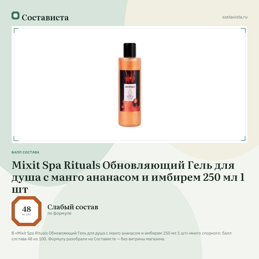 Mixit Spa Rituals Обновляющий Гель для душа с манго ананасом и имбирем 250 мл 1 шт: балл состава 48 из 100 — Состависта