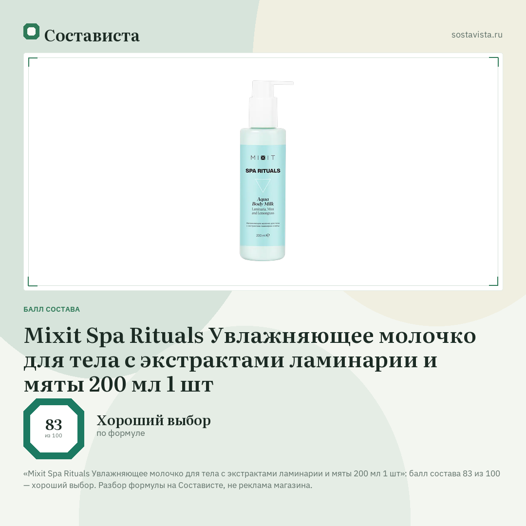 Mixit Spa Rituals Увлажняющее молочко для тела с экстрактами ламинарии и мяты 200 мл 1 шт: балл состава 83 из 100 — Состависта
