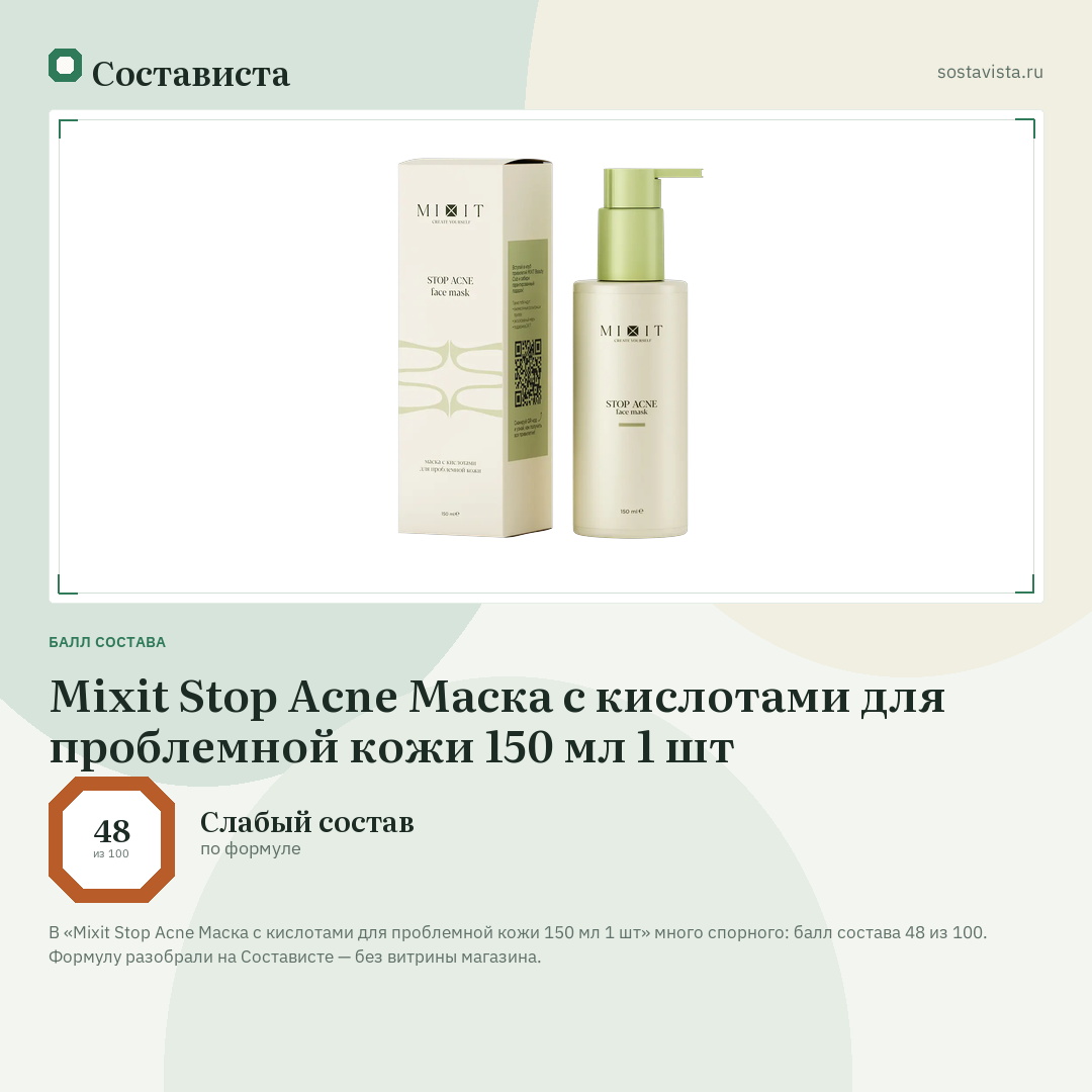 Mixit Stop Acne Маска с кислотами для проблемной кожи 150 мл 1 шт: балл состава 48 из 100 — Состависта