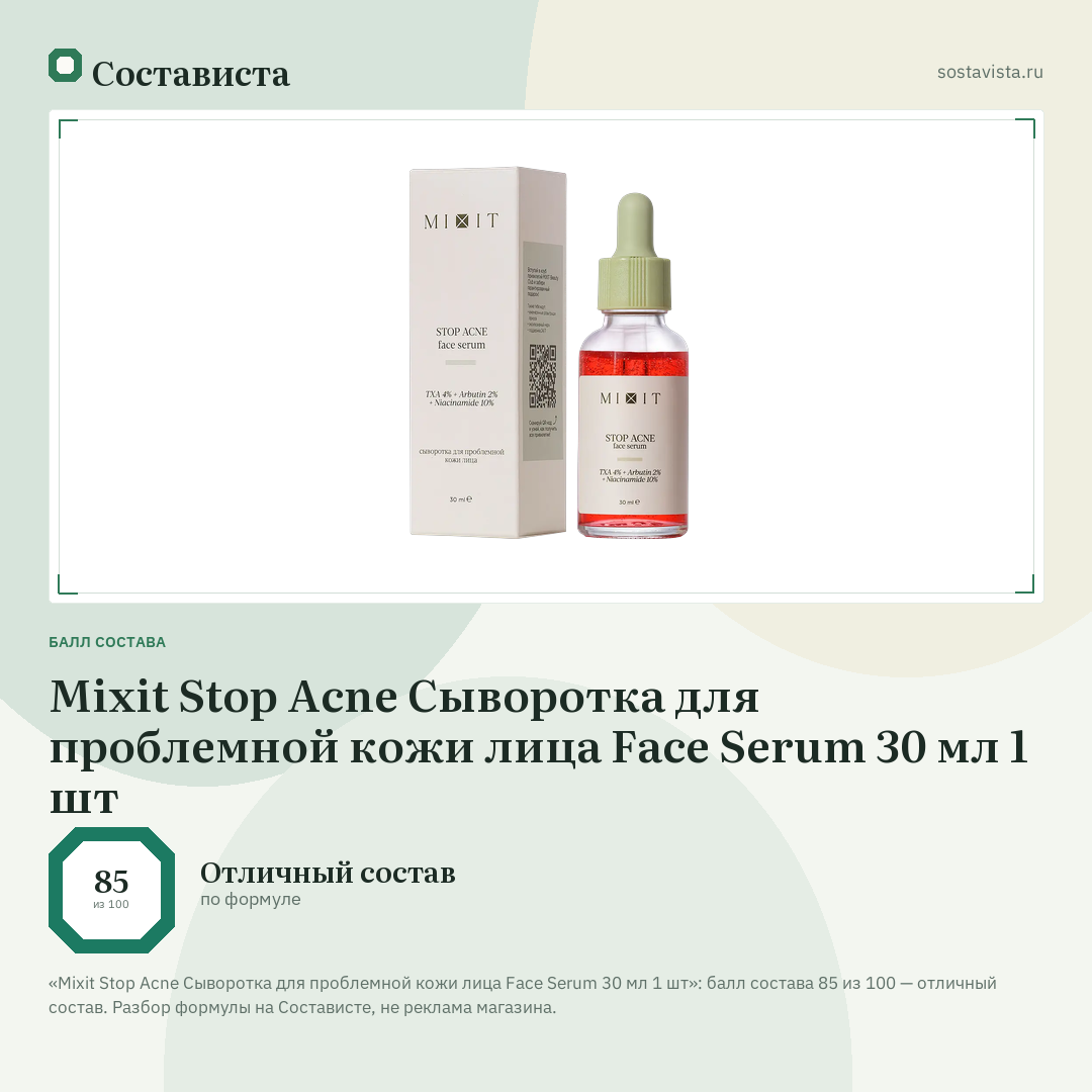 Mixit Stop Acne Сыворотка для проблемной кожи лица Face Serum 30 мл 1 шт: балл состава 85 из 100 — Состависта