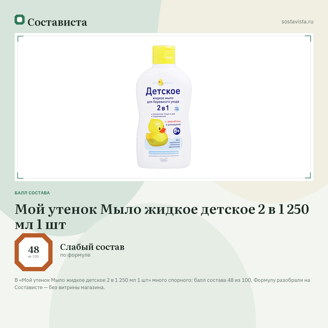 Мой утенок Мыло жидкое детское 2 в 1 250 мл 1 шт: балл состава 48 из 100 — Состависта