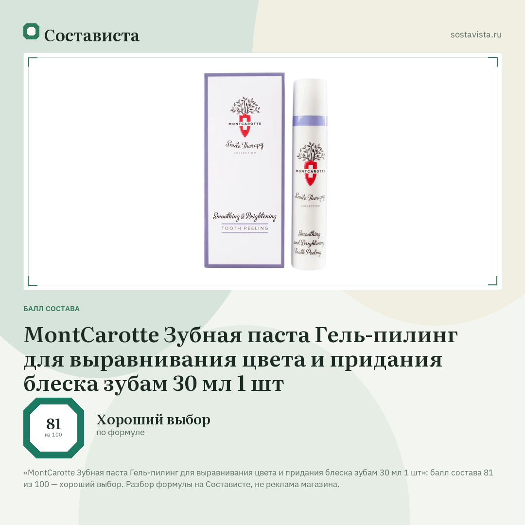 MontCarotte Зубная паста Гель-пилинг для выравнивания цвета и придания блеска зубам 30 мл 1 шт: балл состава 81 из 100 — Состависта