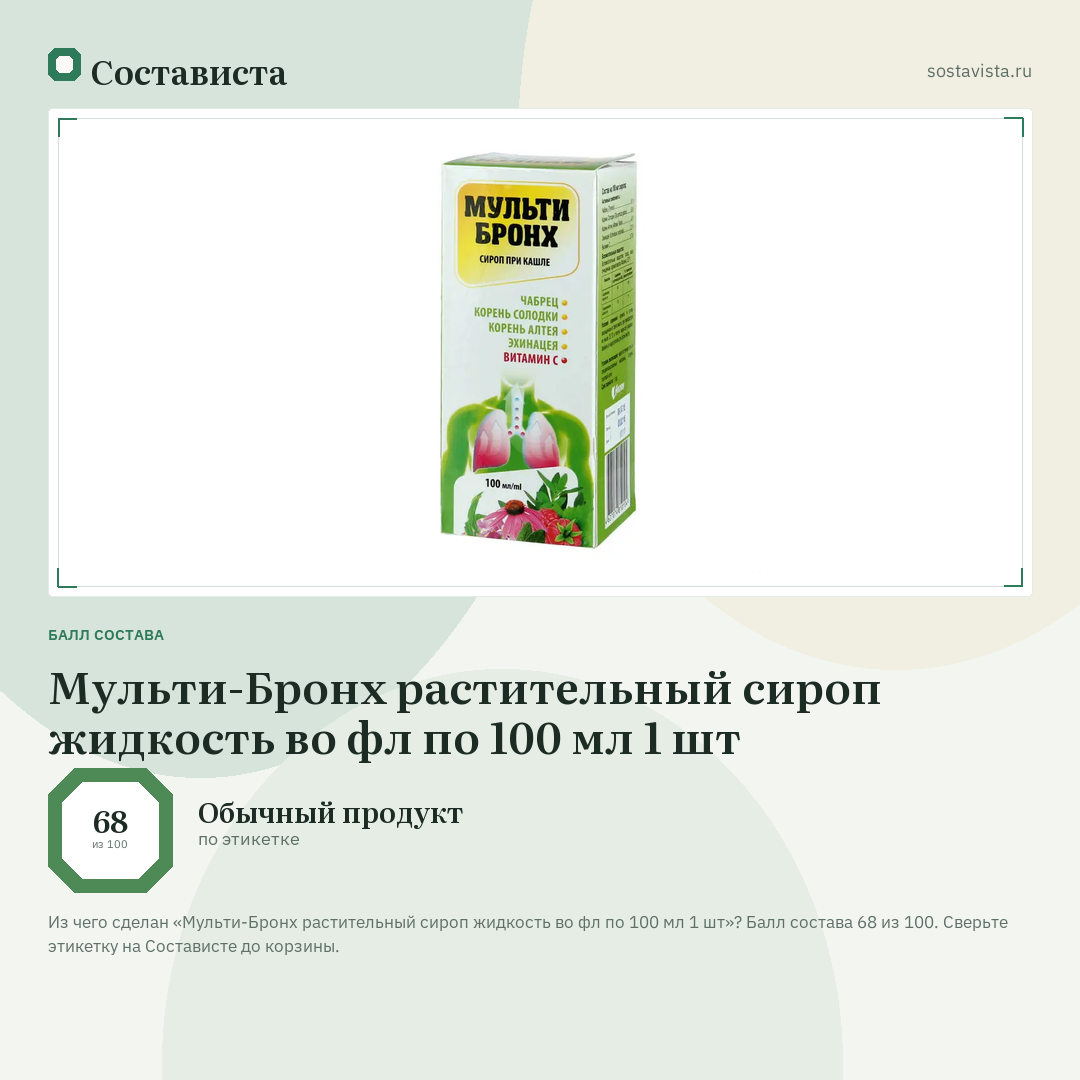 Мульти-Бронх растительный сироп жидкость во фл по 100 мл 1 шт: балл состава 68 из 100 — Состависта