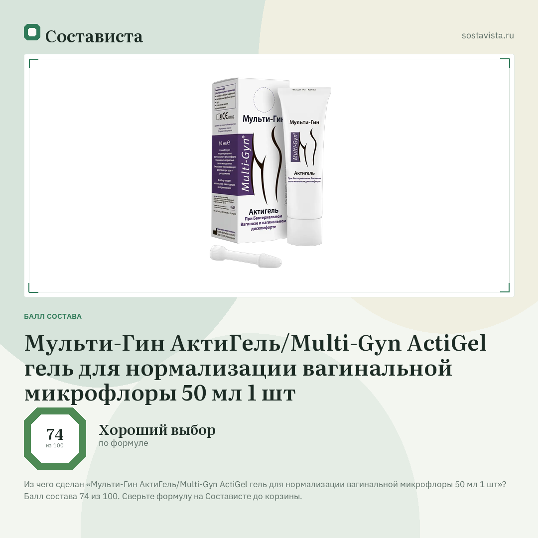 Мульти-Гин АктиГель/Multi-Gyn ActiGel гель для нормализации вагинальной микрофлоры 50 мл 1 шт: балл состава 74 из 100 — Состависта