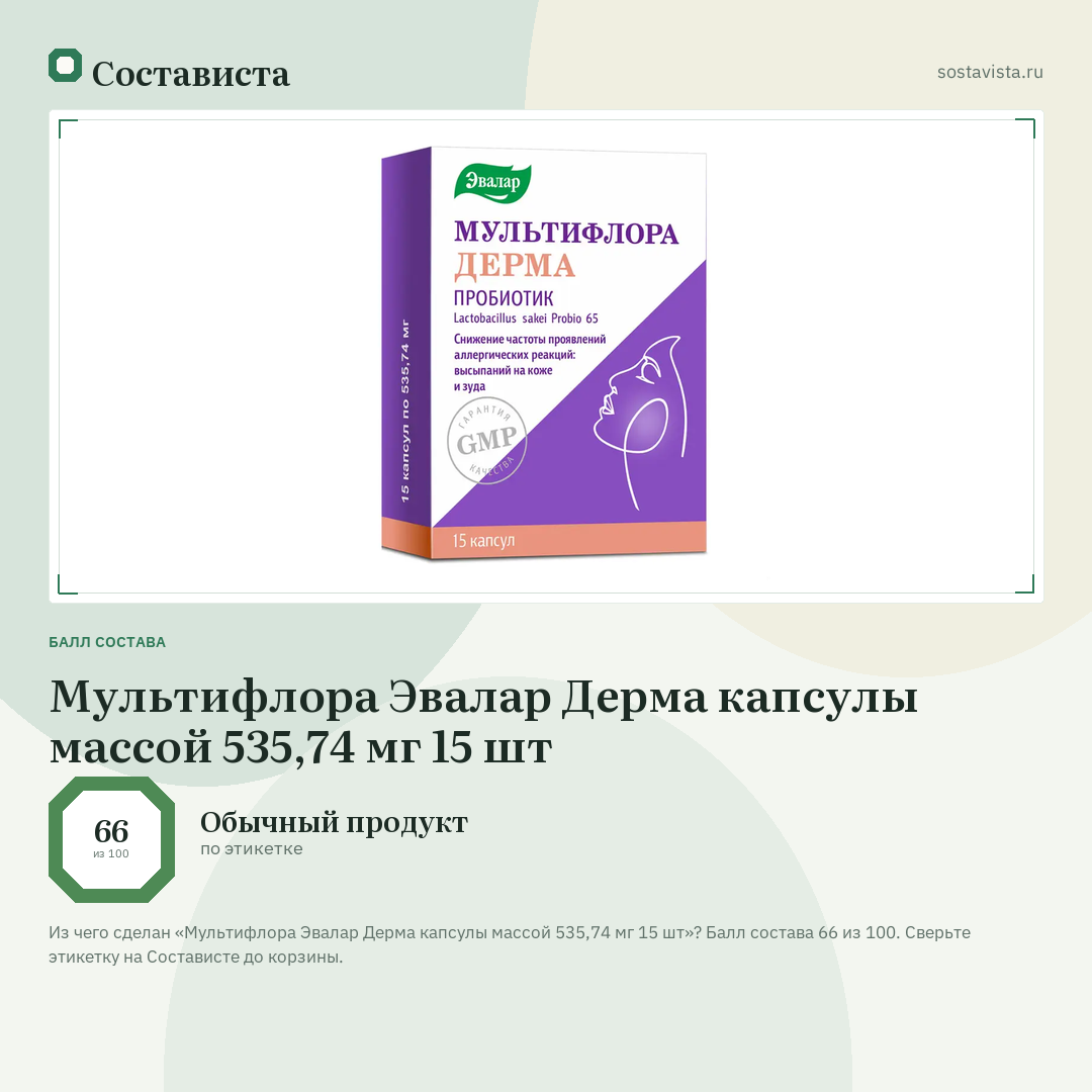 Мультифлора Эвалар Дерма капсулы массой 535,74 мг 15 шт: балл состава 66 из 100 — Состависта