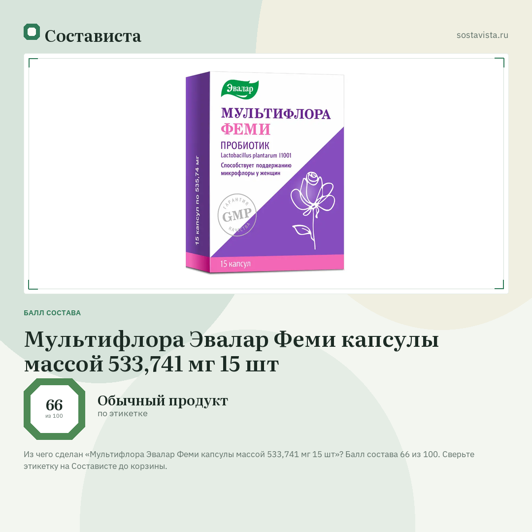 Мультифлора Эвалар Феми капсулы массой 533,741 мг 15 шт: балл состава 66 из 100 — Состависта