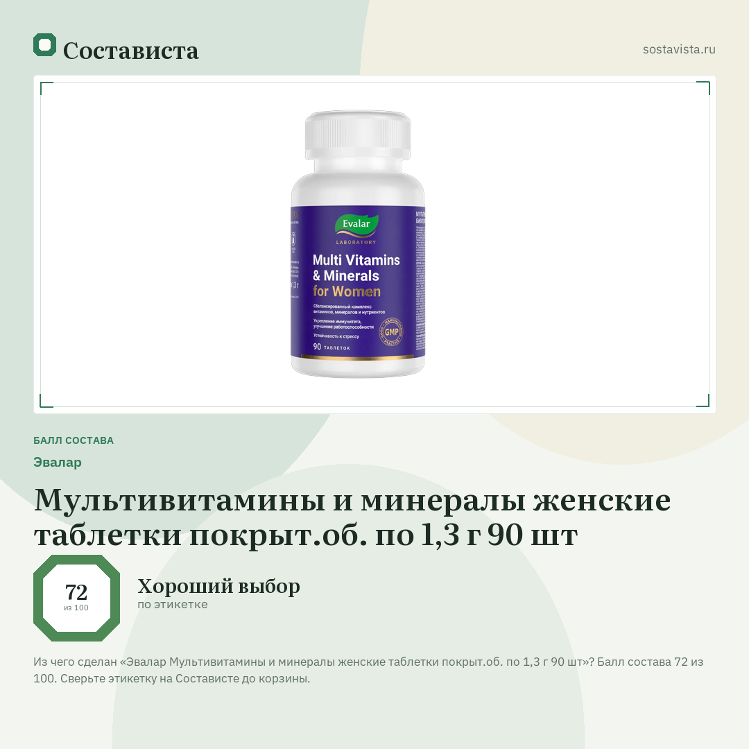 Эвалар Мультивитамины и минералы женские таблетки покрыт.об. по 1,3 г 90 шт: балл состава 72 из 100 — Состависта