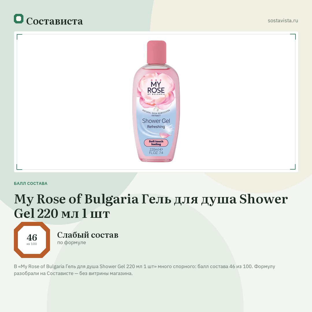 My Rose of Bulgaria Гель для душа Shower Gel 220 мл 1 шт: балл состава 46 из 100 — Состависта