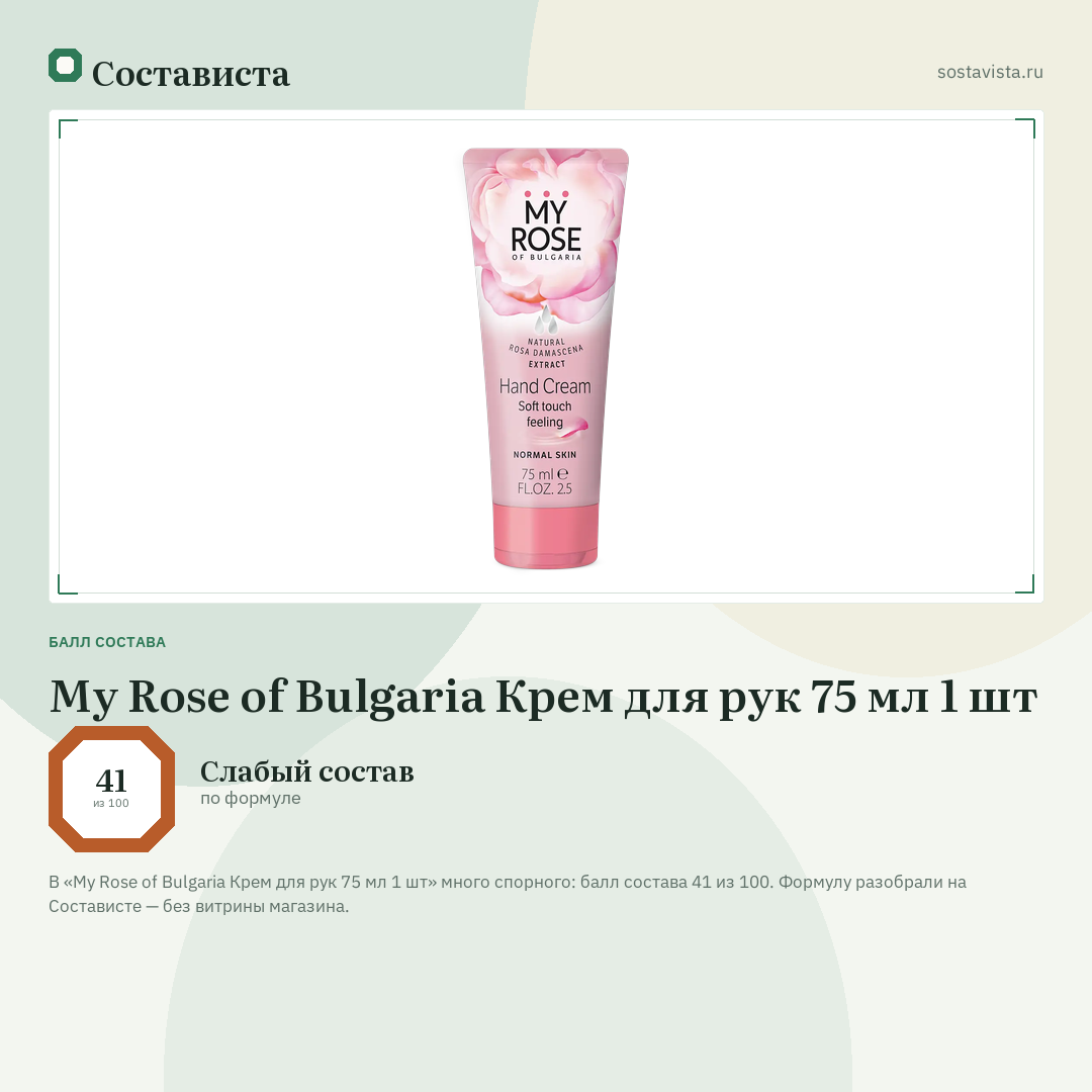 My Rose of Bulgaria Крем для рук 75 мл 1 шт: балл состава 41 из 100 — Состависта