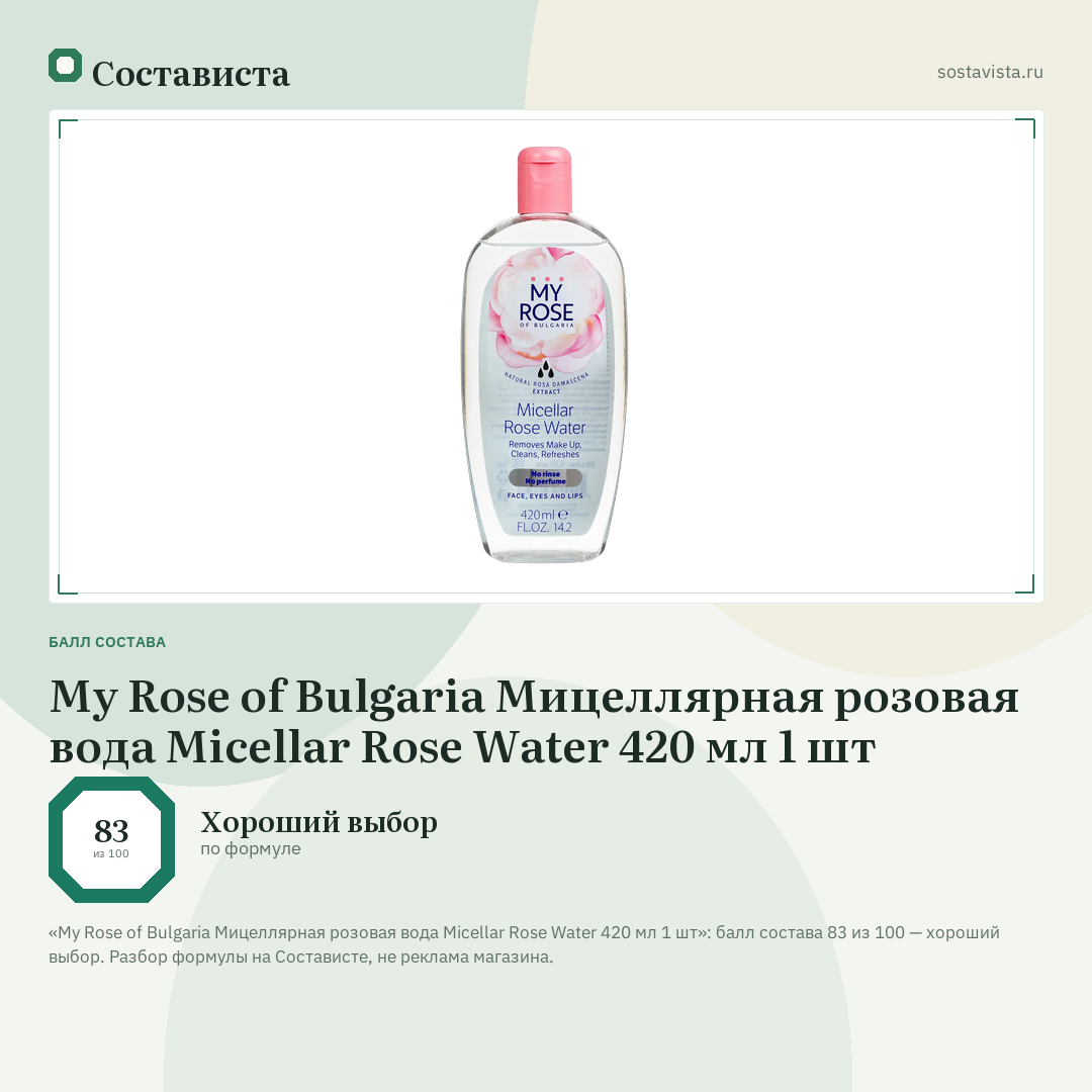 My Rose of Bulgaria Мицеллярная розовая вода Micellar Rose Water 420 мл 1 шт: балл состава 83 из 100 — Состависта
