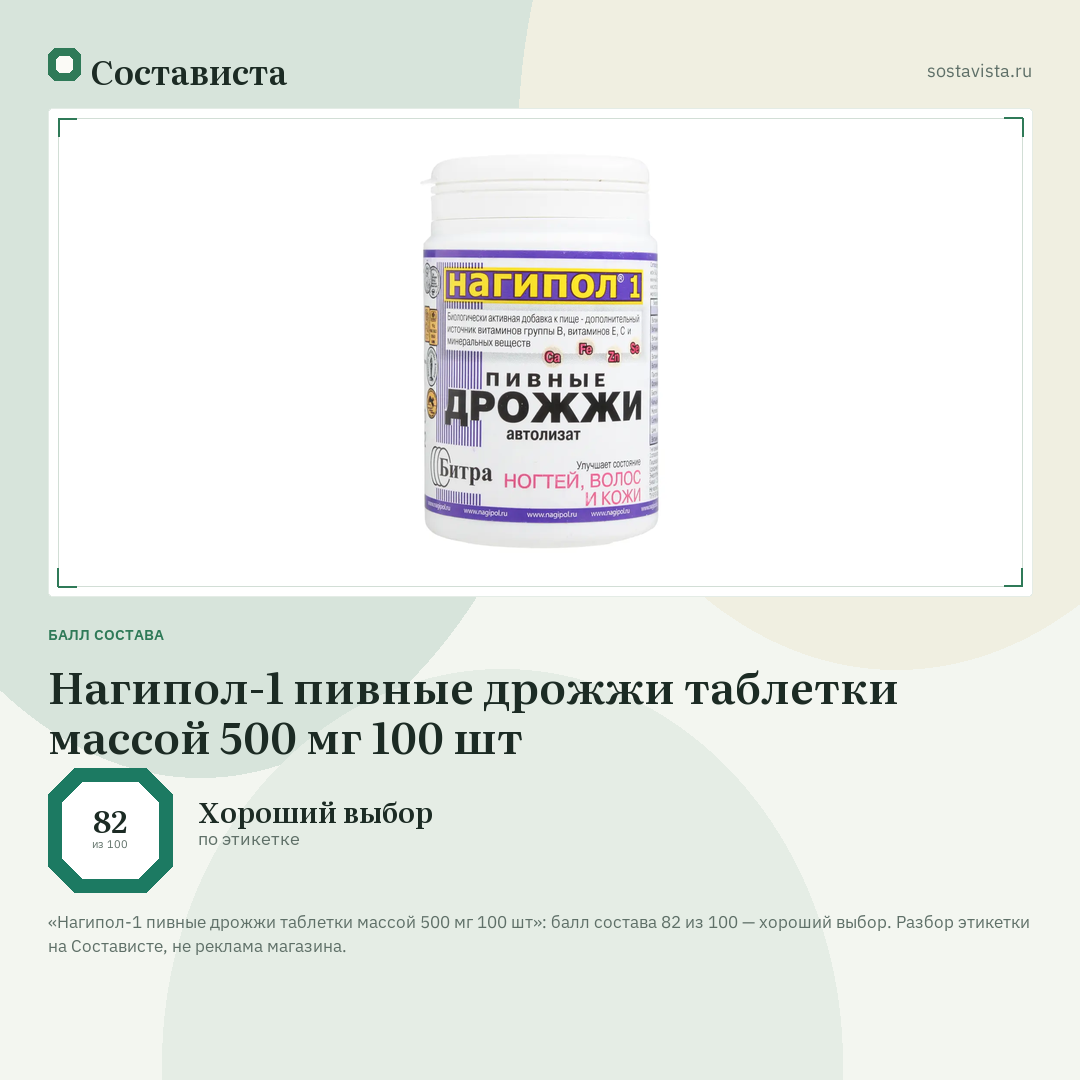 Нагипол-1 пивные дрожжи таблетки массой 500 мг 100 шт: балл состава 82 из 100 — Состависта