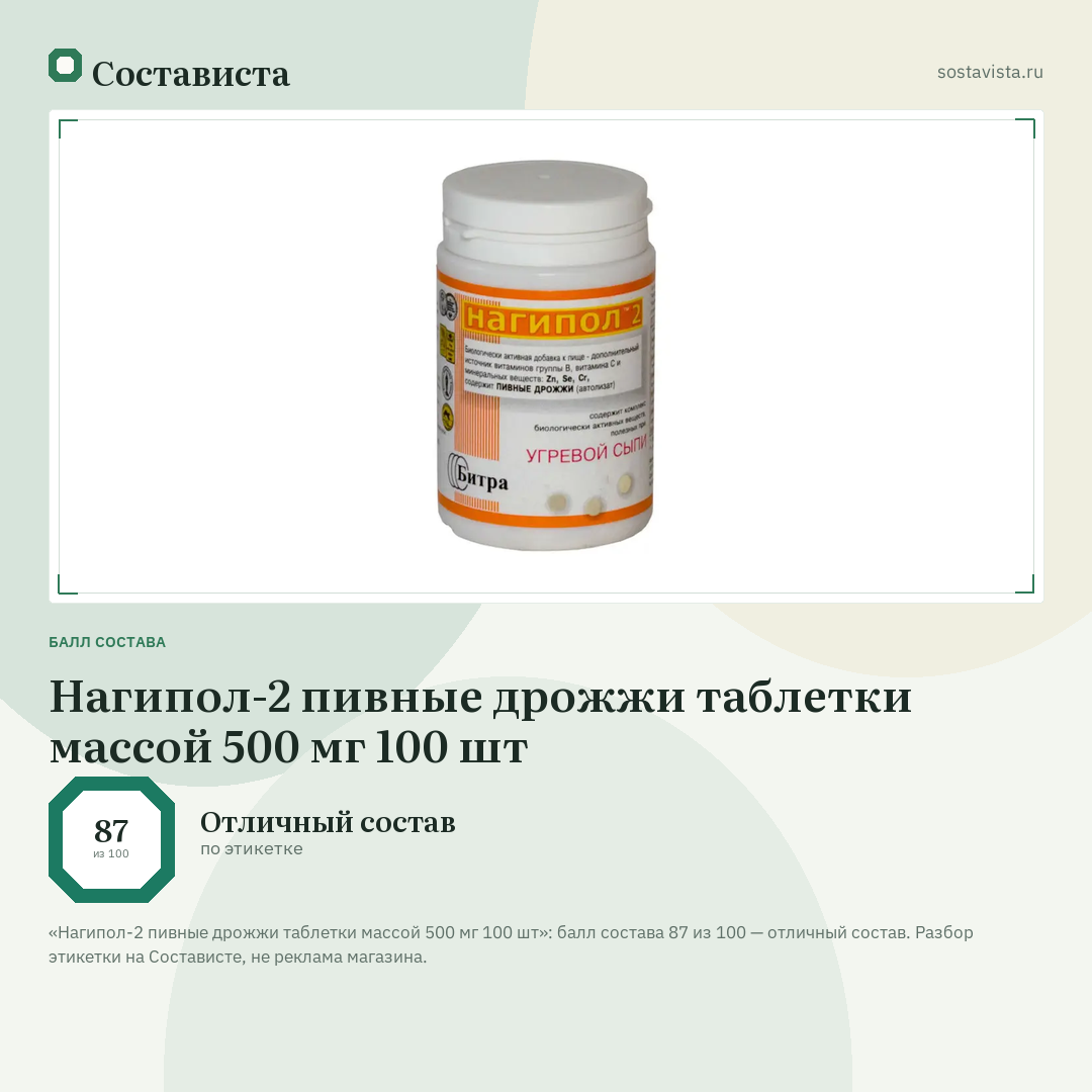 Нагипол-2 пивные дрожжи таблетки массой 500 мг 100 шт: балл состава 87 из 100 — Состависта