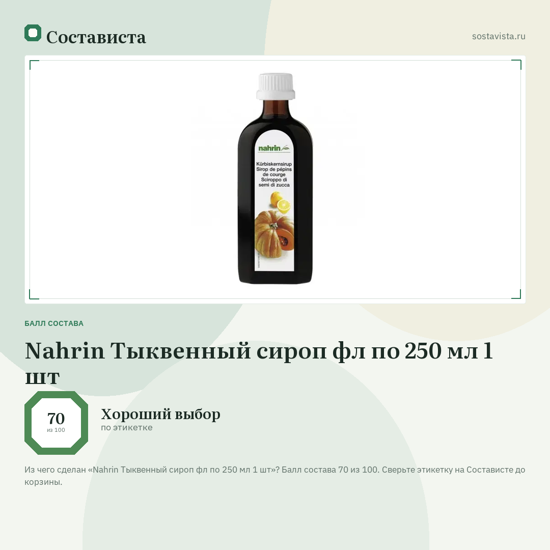 Nahrin Тыквенный сироп фл по 250 мл 1 шт: балл состава 70 из 100 — Состависта