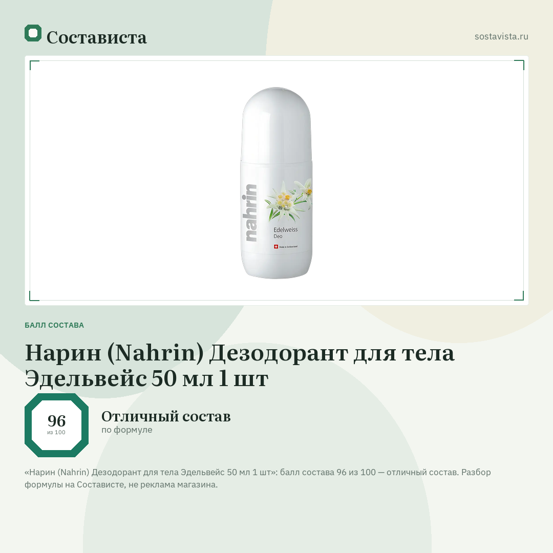 Нарин (Nahrin) Дезодорант для тела Эдельвейс 50 мл 1 шт: балл состава 96 из 100 — Состависта