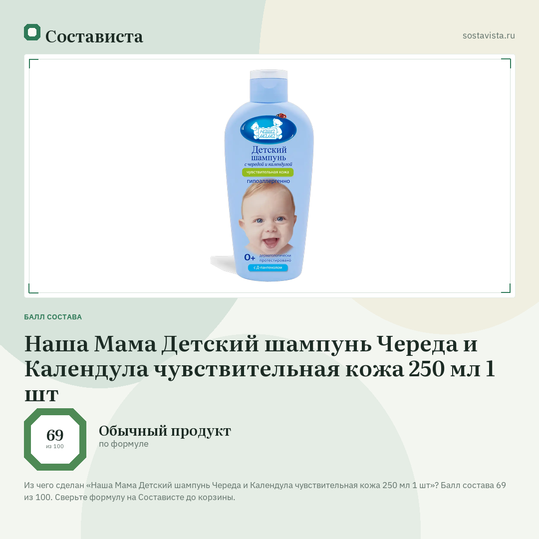Наша Мама Детский шампунь Череда и Календула чувствительная кожа 250 мл 1 шт: балл состава 69 из 100 — Состависта