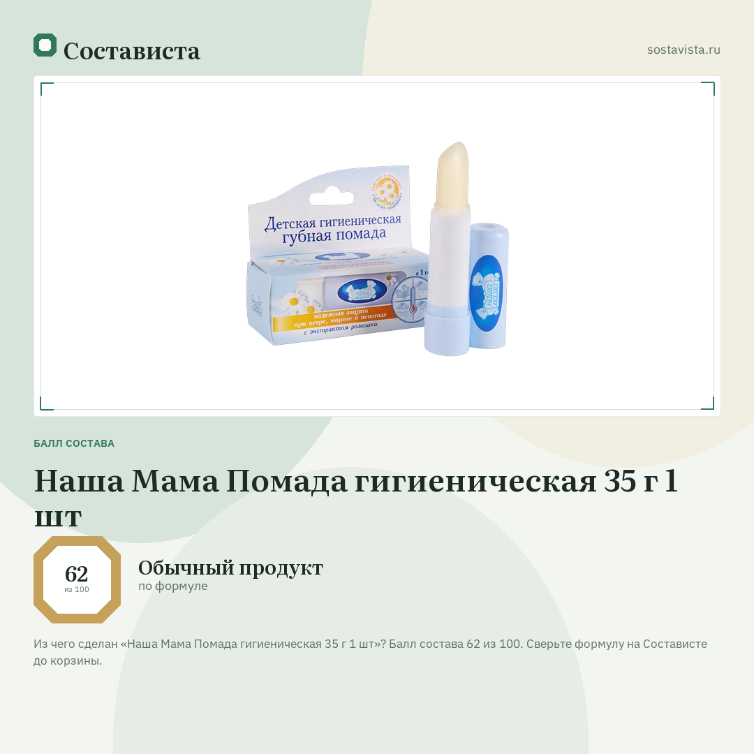 Наша Мама Помада гигиеническая 35 г 1 шт: балл состава 62 из 100 — Состависта