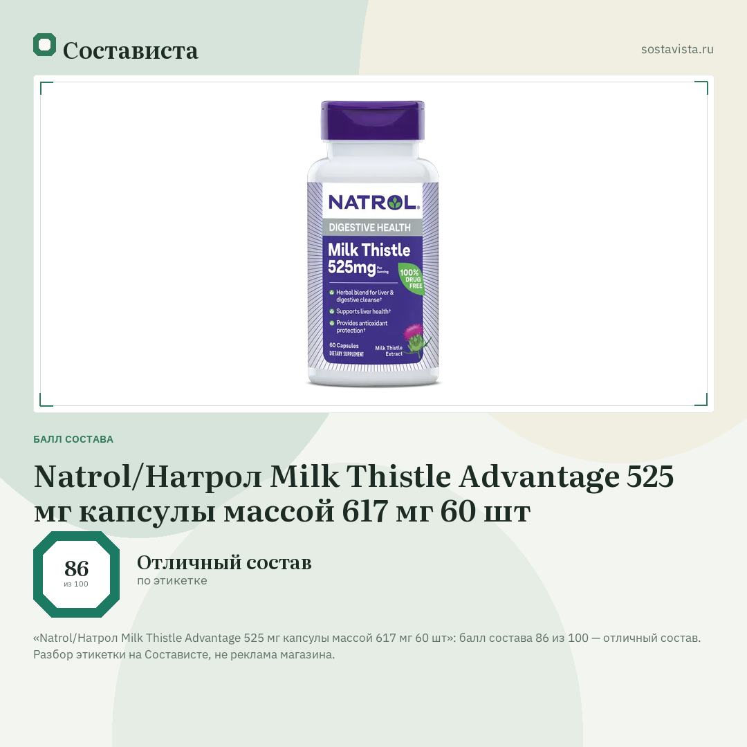 Natrol/Натрол Milk Thistle Advantage 525 мг капсулы массой 617 мг 60 шт: балл состава 86 из 100 — Состависта