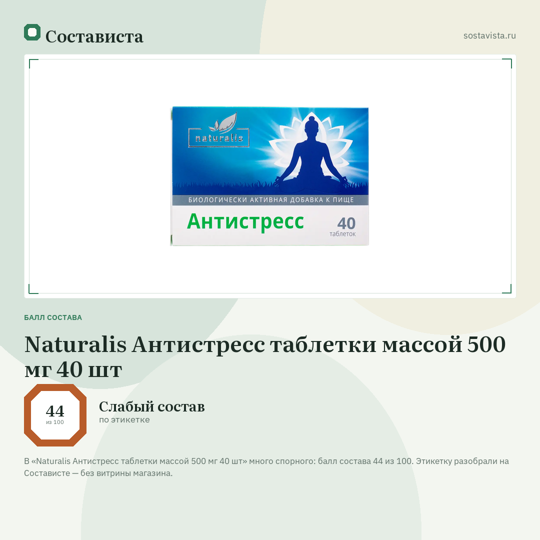Naturalis Антистресс таблетки массой 500 мг 40 шт: балл состава 44 из 100 — Состависта