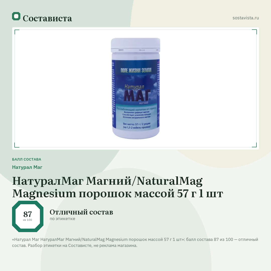 Натурал Маг НатуралМаг Магний/NaturalMag Magnesium порошок массой 57 г 1 шт: балл состава 87 из 100 — Состависта