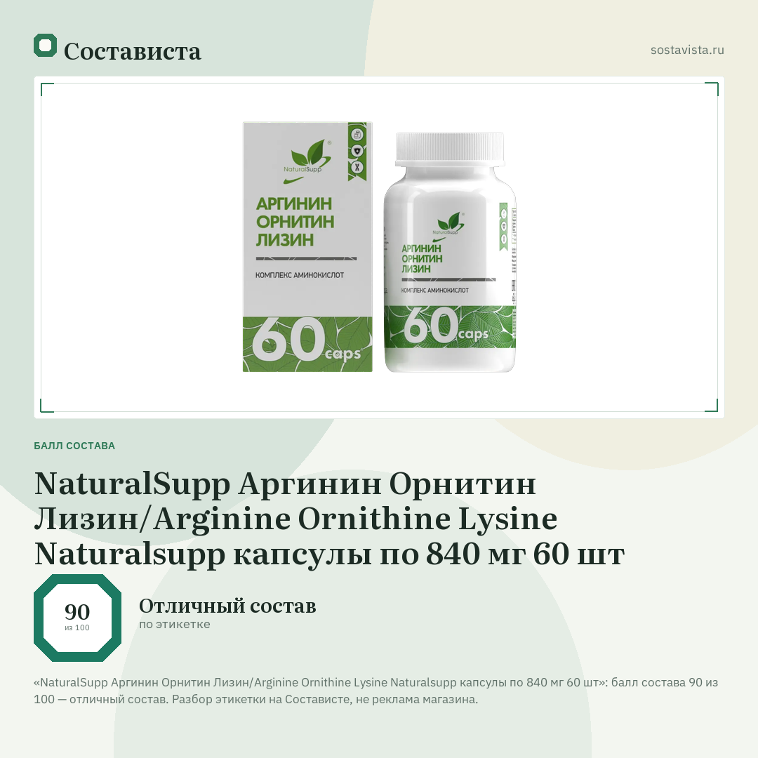 NaturalSupp Аргинин Орнитин Лизин/Arginine Ornithine Lysine Naturalsupp капсулы по 840 мг 60 шт: балл состава 90 из 100 — Состависта