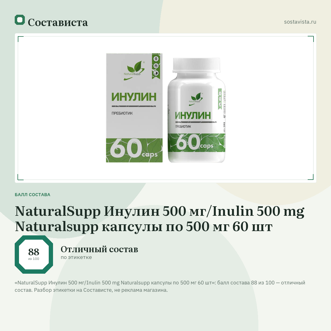 NaturalSupp Инулин 500 мг/Inulin 500 mg Naturalsupp капсулы по 500 мг 60 шт: балл состава 88 из 100 — Состависта