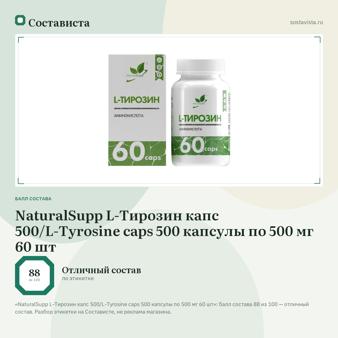 NaturalSupp L-Тирозин капс 500/L-Tyrosine caps 500 капсулы по 500 мг 60 шт: балл состава 88 из 100 — Состависта