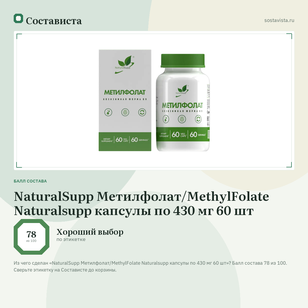 NaturalSupp Метилфолат/MethylFolate Naturalsupp капсулы по 430 мг 60 шт: балл состава 78 из 100 — Состависта